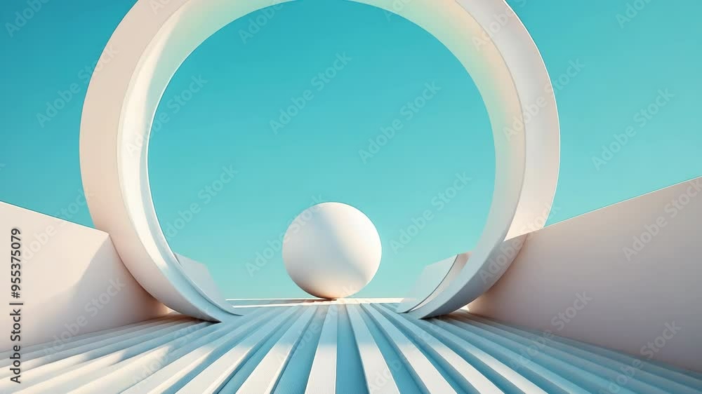 Aufkleber abstract 3d render of white sphere passing through circular arch. minimalist geometric composition w