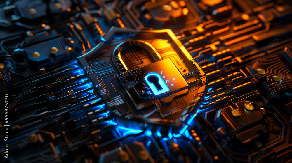 Poster a metal lock in the form of a shield on a technological chip. security and technology concept.
