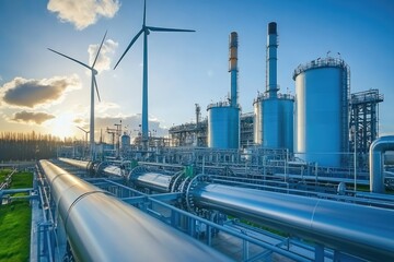 Obraz premium Industrial plant with wind turbines. The photo illustrates the concept of sustainable energy production, highlighting the integration of renewable sources into industrial operations.