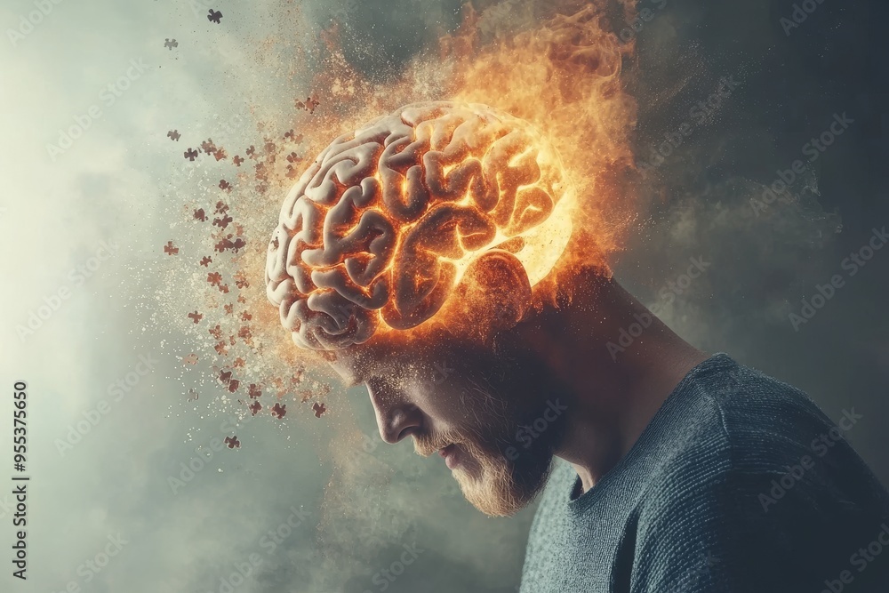 Poster neuropsychological testing cognitive neuroscience side profile of a man with a fiery glowing brain s