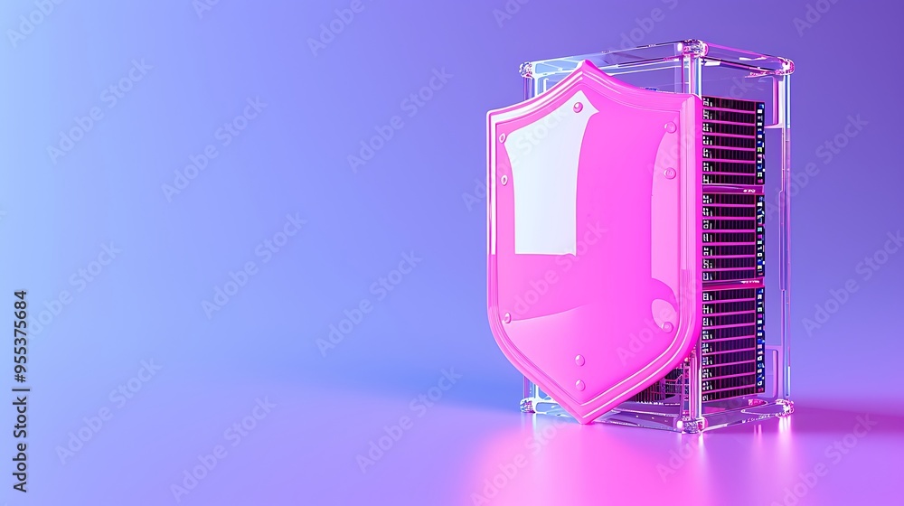 Poster abstract 3d illustration of a pink shield with a computer server stack on a gradient background, sym
