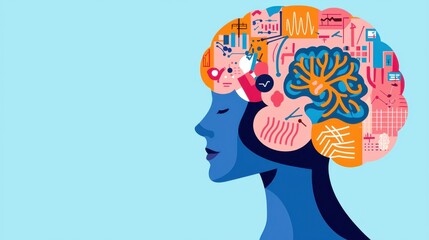 A vibrant illustration of a woman's profile with a colorful brain filled with icons representing knowledge and creativity.