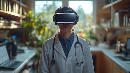 Modern Medicine: Doctor Performing Remote Surgery Consultation with Virtual Reality Headset