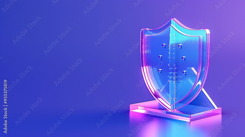 Poster abstract 3d rendering of a translucent glass shield with neon lighting, symbolizing cybersecurity an