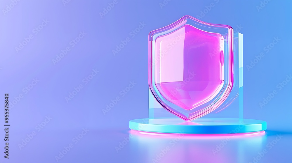 Poster abstract 3d rendering of a glowing shield symbol on a futuristic platform, representing security and