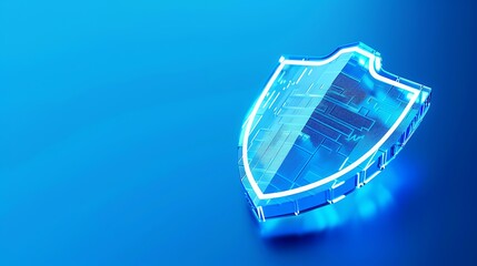 Abstract digital shield representing cybersecurity and network protection on a blue background. Symbol of online security and data defense.