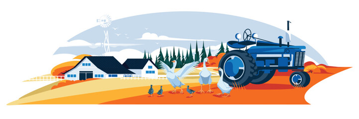 autumn landscape of a farm with a tractor. Farm, domestic birds on an orange meadow. Agriculture, farming and harvest concept. Vector flat illustration