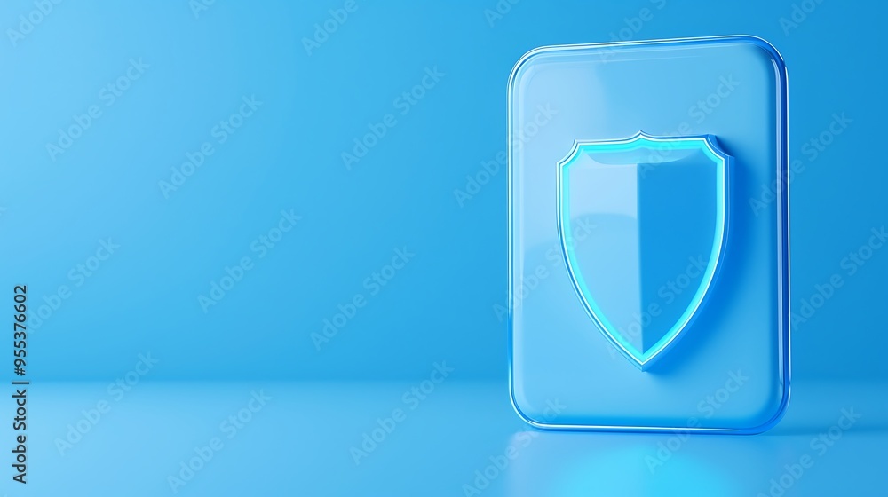 Poster abstract image of a transparent shield icon on a blue background, symbolizing internet security and 