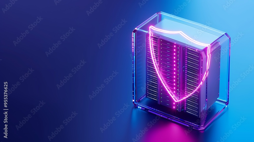 Poster abstract image of neon shield icon over server stack, representing data security and protection on a