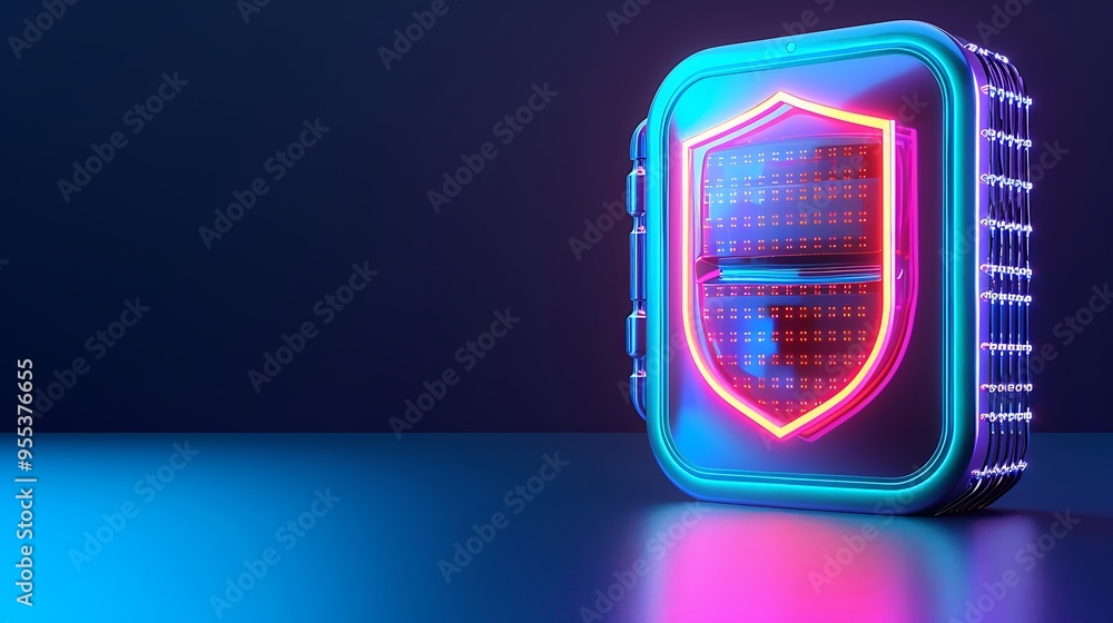 Poster abstract neon cybersecurity concept with glowing shield icon and futuristic data background. technol