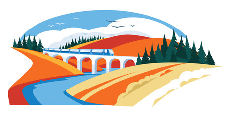 autumn viaduct. vector flat illustration. Yellow and orange hills of the valley. Blue river. Vector flat illustration