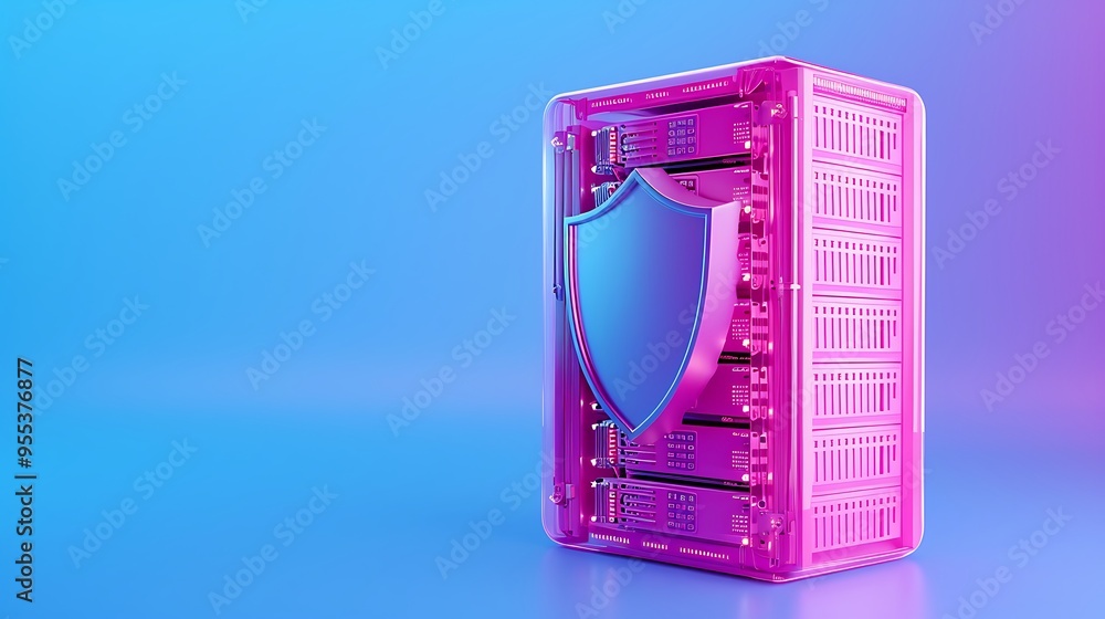 Poster abstract server security concept with a pink server rack and a metallic shield against a blue gradie
