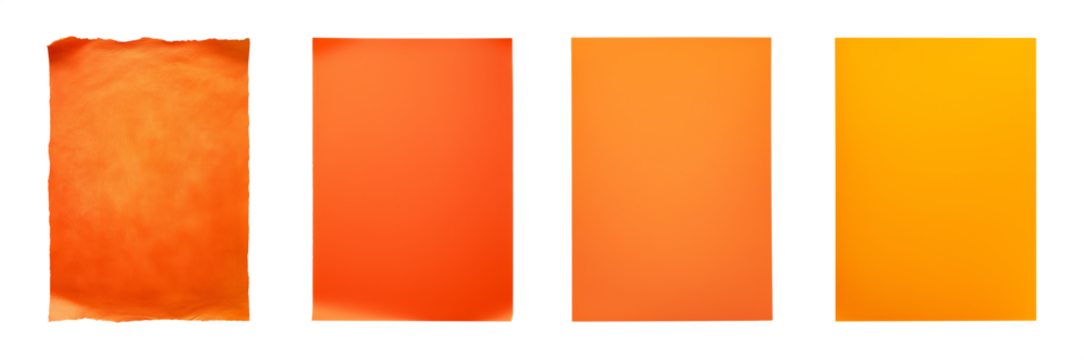 Set of orange paper with various surface textures to pick from. Transparent background PNG. Cutout collection of A4 sheets of a paper.