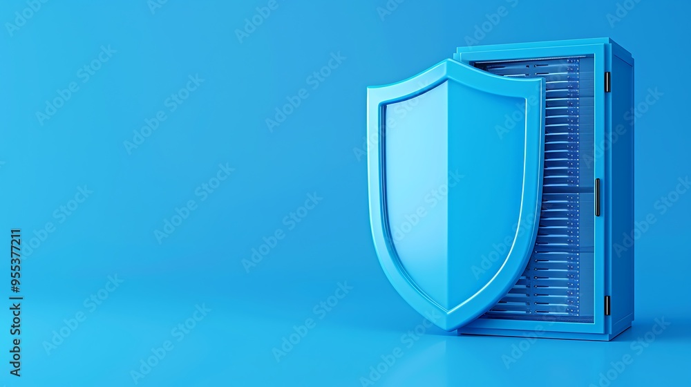 Poster blue cybersecurity concept with a shield protected server. data security and network protection in a