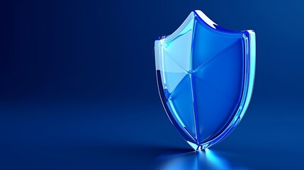 Blue glass shield on a dark blue background symbolizes digital security and protection in a modern technology concept.