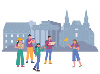 Tourists group sightseeing. Urban excursion with tour guide. Travel people with backpacks, maps and photo camera in city, splendid vector scene