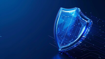 Blue holographic security shield with digital elements on dark background, signifying protection in cybersecurity concept.