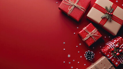 Merry Christmas greeting card with presents. Noel. Christmas banner with empty space. Horizontal poster