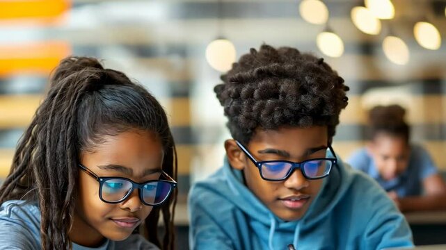 African American students wearing glasses, focused on studying together. Closeup of boy and girl reading or working on laptop in classroom or library. Education and digital literacy concept - Powered by Adobe