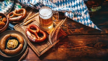 Background with glass mugs of beer and a pile of traditional artisan pretzels. Oktoberfest, a German Bavarian celebration, beer holiday. 

