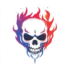 Fototapeta premium Bold grunge skull logo surrounded by vibrant flames against a white background