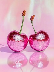 a pair of pink cherries made from disco balls on pink background