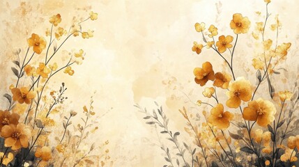 Luxurious floral wallpaper, golden achillea, watercolor twigs, vector