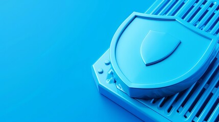 Blue shield icon on a blue background, symbolizing security, protection, and safety in digital environments and networks.
