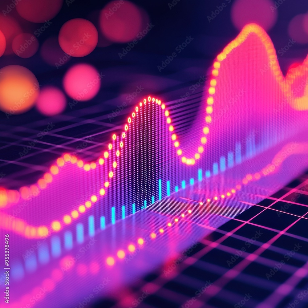 Poster dynamic and colorful data visualization with vibrant wave patterns and glowing elements, ideal for t