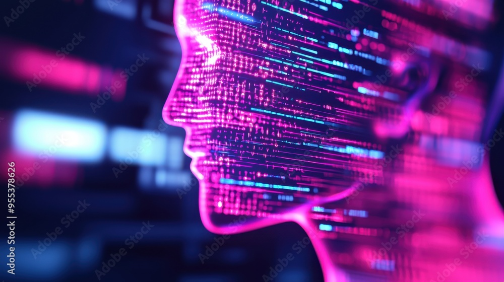 Poster futuristic digital portrait with vibrant neon colors and data streams, showcasing technology and art