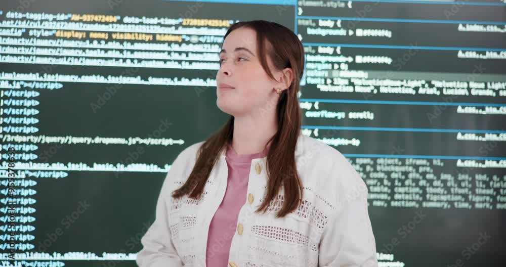 Fototapete Coding, presentation and workshop with woman in office of web development company for coaching. Display, software and speech with programmer in creative workplace for seminar on website design