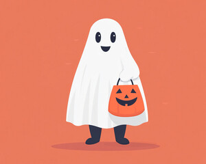 A cheerful ghost character in a Halloween setting, holding a pumpkin bag. Perfect for spooky themes or Halloween decorations.