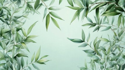 Fototapeta premium Seamless bamboo leaves border, light mint, olive accents