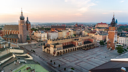 Obraz premium central market square of krakow in poland at dawn in summer view from above