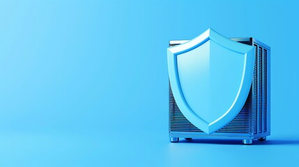 Blue shield icon with a reflective surface standing in front of a blue background, symbolizing data protection and cybersecurity.