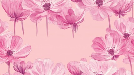 Seamless pink astrantia floral pattern, one-line drawing