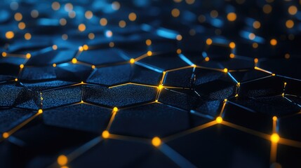 Obraz premium Abstract glass pentagons interconnected in a continuous grid, glowing softly from their centers, set against a dark background