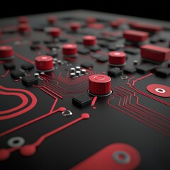 Fototapeta premium Close-Up of Modern Circuit Board with Red and Black Components, High-Tech Electronic Hardware, Technology Background