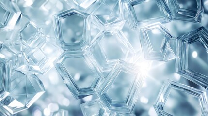 An abstract arrangement of glass pentagons with soft internal lights, creating a serene, futuristic visual