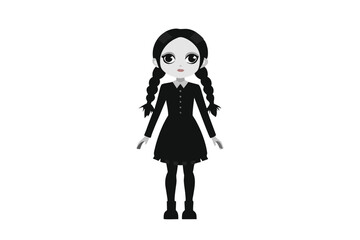 Black outfit pale girl, cool monochrome uniform look. Vector illustration on white background