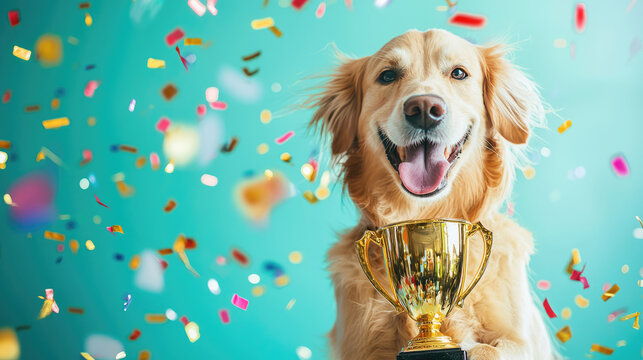 Dog with trophy cup. Smiling Golden Retriever portrait with prize on blue background with confetti. Win in dog show competition.