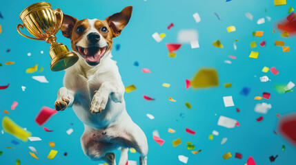 Dog with gold trophy cup. Jumping jack russel with prize on blue background with confetti....