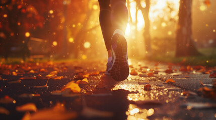 Running in the Park During Autumn with Golden Sunlight and Fallen Leaves