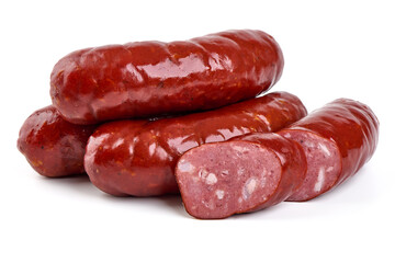 Roasted bratwurst sausages, isolated on white background