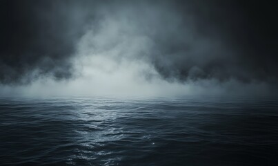 Dark background with fog and smoke, night sky, ocean floor, flat ground, backdrop for product display presentation, dark gray background