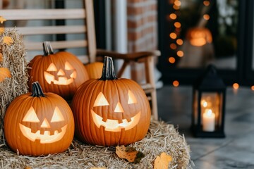 Fototapeta premium Carved pumpkins on a porch decorated for Halloween