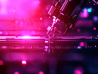 Futuristic robotic arm in vibrant colors, showcasing technology and precision in action with an abstract background.
