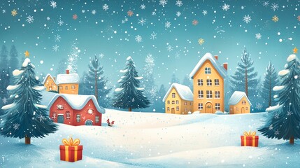 a painting of a snowy village with a Christmas tree and presents in the foreground