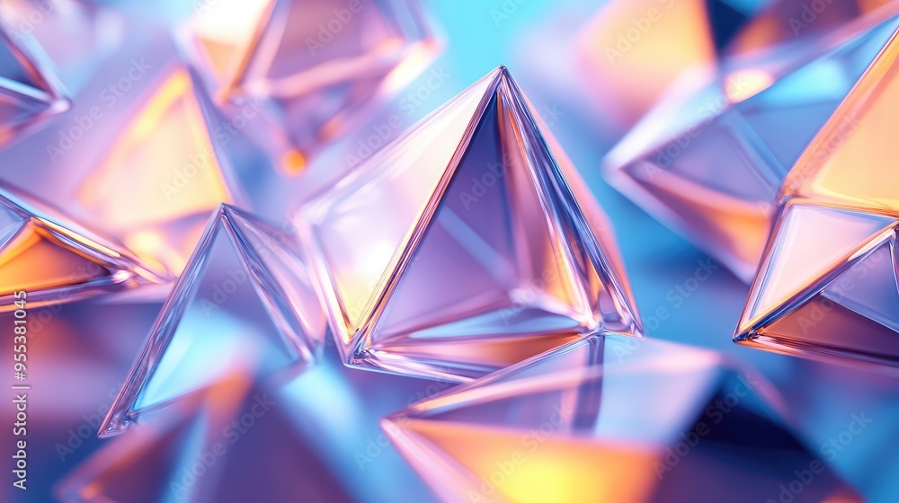 Poster a 3d render of abstract glass triangles arranged in a geometric pattern, each glowing from within wi