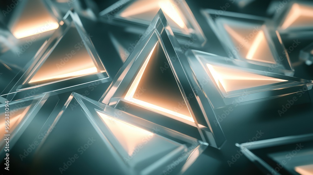 Poster a 3d render of abstract glass triangles arranged in a geometric pattern, each glowing from within wi